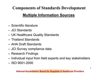 National Accreditation Board for Hospitals & Healthcare Providers
1
Components of Standards Development
Multiple Information Sources
– Scientific literature
– JCI Standards
– UK Healthcare Quality Standards
– Thailand Standards
– AHA Draft Standards
– JCI Survey compliance data
– Research Findings
– Individual input from field experts and key stakeholders
– ISO 9001-2000
 