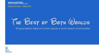 Esther De Smet – NABI 2018
RESEARCH DEPARTMENT
POLICY & QUALITY CONTROL UNIT
Bringing together digital and human capacity to boost research communication
 