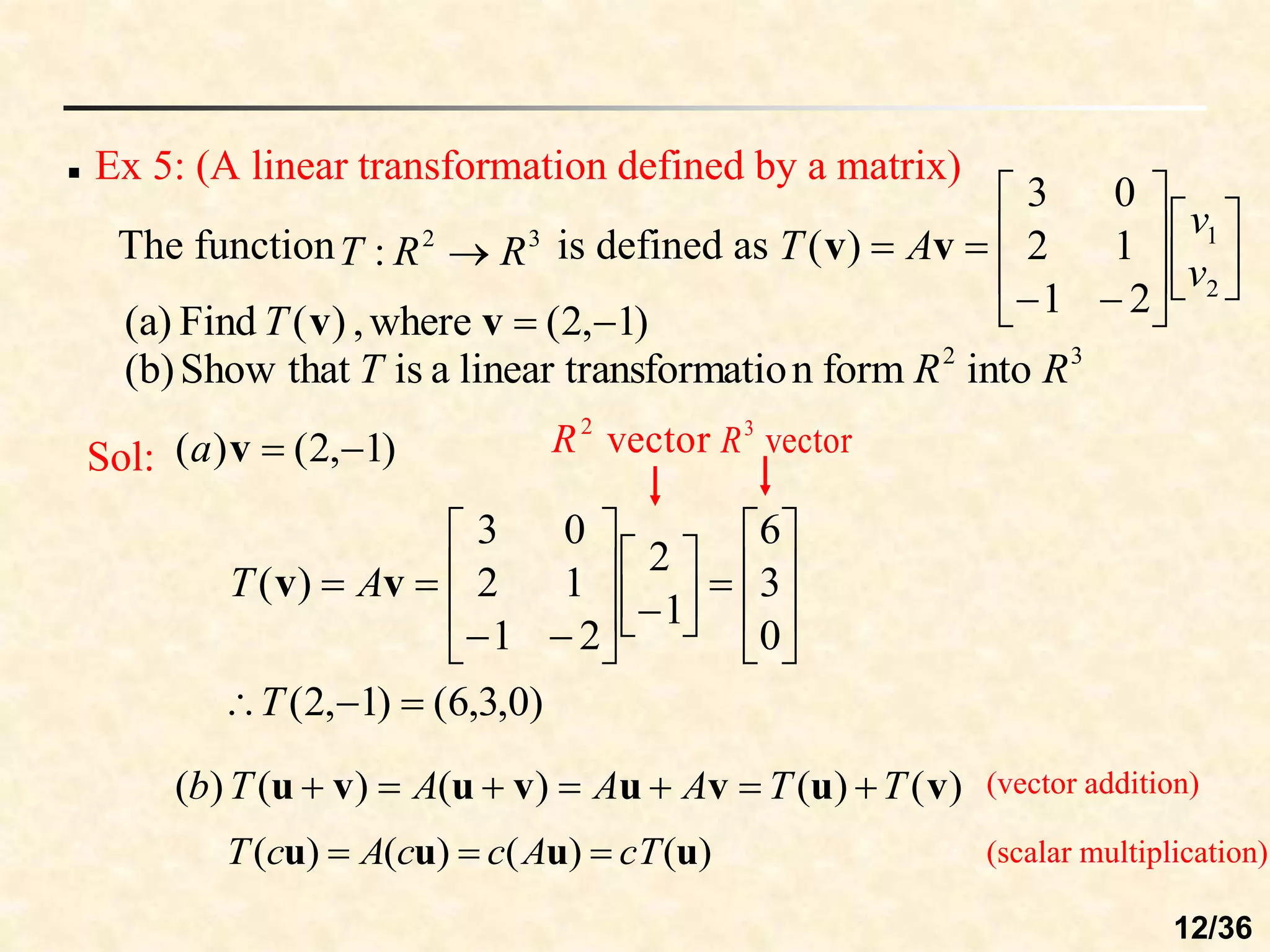  Ex 5: (A linear transformation defined by a matrix)
The function is defined as
3
2
: R
R
T  

















2
1
2
1
1
2
0
3
)
(
v
v
A
T v
v
3
2
into
form
n
nsformatio
linear tra
a
is
that
Show
(b)
)
1
,
2
(
where
,
)
(
Find
(a)
R
R
T
T 

v
v
Sol: )
1
,
2
(
)
( 

v
a




























0
3
6
1
2
2
1
1
2
0
3
)
( v
v A
T
)
0
,
3
,
6
(
)
1
,
2
( 

T
vector
2
R vector
3
R
)
(
)
(
)
(
)
(
)
( v
u
v
u
v
u
v
u T
T
A
A
A
T
b 






)
(
)
(
)
(
)
( u
u
u
u cT
A
c
c
A
c
T 


(vector addition)
(scalar multiplication)
12/36
 
