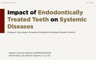 Pengaruh Gigi dengan Perawatan Endodontik terhadap Penyakit Sistemik
Nabilah Kusuma Wardhani (190160100011019)
Pembimbing: drg. Rahma Vidyanti, P., Sp. KG
JOURNAL READING MAY 2020
1
 