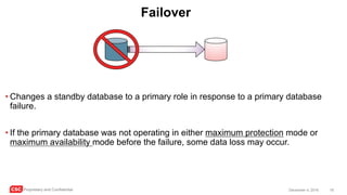 CSC Proprietary and Confidential 18December 4, 2016
Failover
• Changes a standby database to a primary role in response to a primary database
failure.
• If the primary database was not operating in either maximum protection mode or
maximum availability mode before the failure, some data loss may occur.
 