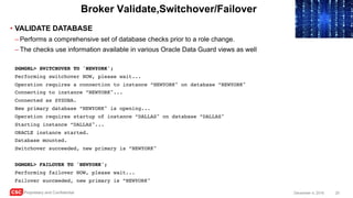 CSC Proprietary and Confidential 25December 4, 2016
Broker Validate,Switchover/Failover
• VALIDATE DATABASE
– Performs a comprehensive set of database checks prior to a role change.
– The checks use information available in various Oracle Data Guard views as well
DGMGRL> SWITCHOVER TO 'NEWYORK';
Performing switchover NOW, please wait...
Operation requires a connection to instance ”NEWYORK" on database ”NEWYORK"
Connecting to instance ”NEWYORK"...
Connected as SYSDBA.
New primary database ”NEWYORK" is opening...
Operation requires startup of instance ”DALLAS" on database ”DALLAS"
Starting instance ”DALLAS"...
ORACLE instance started.
Database mounted.
Switchover succeeded, new primary is ”NEWYORK"
DGMGRL> FAILOVER TO 'NEWYORK';
Performing failover NOW, please wait...
Failover succeeded, new primary is ”NEWYORK"
 