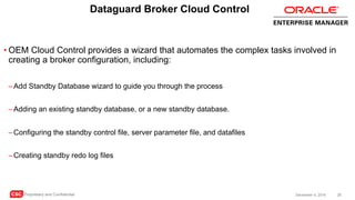 CSC Proprietary and Confidential 26December 4, 2016
Dataguard Broker Cloud Control
• OEM Cloud Control provides a wizard that automates the complex tasks involved in
creating a broker configuration, including:
–Add Standby Database wizard to guide you through the process
–Adding an existing standby database, or a new standby database.
–Configuring the standby control file, server parameter file, and datafiles
–Creating standby redo log files
 