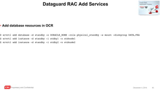 CSC Proprietary and Confidential 40December 4, 2016
Dataguard RAC Add Services
• Add database resources in OCR
$ srvctl add database -d standby -o $ORACLE_HOME -role physical_standby -s mount -diskgroup DATA,FRA
$ srvctl add instance -d standby -i stdby1 -n stdnode1
$ srvctl add instance -d standby -i stdby2 -n stdnode2
 