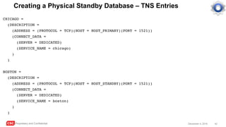 CSC Proprietary and Confidential 42December 4, 2016
Creating a Physical Standby Database – TNS Entries
CHICAGO =
(DESCRIPTION =
(ADDRESS = (PROTOCOL = TCP)(HOST = HOST_PRIMARY)(PORT = 1521))
(CONNECT_DATA =
(SERVER = DEDICATED)
(SERVICE_NAME = chicago)
)
)
BOSTON =
(DESCRIPTION =
(ADDRESS = (PROTOCOL = TCP)(HOST = HOST_STANDBY)(PORT = 1521))
(CONNECT_DATA =
(SERVER = DEDICATED)
(SERVICE_NAME = boston)
)
)
 