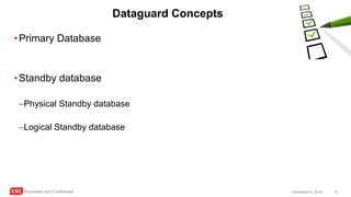 CSC Proprietary and Confidential 6December 4, 2016
Dataguard Concepts
•Primary Database
•Standby database
–Physical Standby database
–Logical Standby database
 