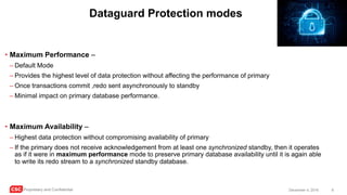 CSC Proprietary and Confidential 8December 4, 2016
Dataguard Protection modes
• Maximum Performance –
– Default Mode
– Provides the highest level of data protection without affecting the performance of primary
– Once transactions commit ,redo sent asynchronously to standby
– Minimal impact on primary database performance.
• Maximum Availability –
– Highest data protection without compromising availability of primary
– If the primary does not receive acknowledgement from at least one synchronized standby, then it operates
as if it were in maximum performance mode to preserve primary database availability until it is again able
to write its redo stream to a synchronized standby database.
 