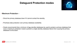 CSC Proprietary and Confidential 9December 4, 2016
Dataguard Protection modes
• Maximum Protection –
– Shuts the primary database down if it cannot contact the standby
– Prioritizes data protection over primary database availability
– Oracle recommends that a minimum of two standby databases be used to protect a primary database that
runs in maximum protection mode to prevent a single standby database failure from causing the primary
database to shut down.
 