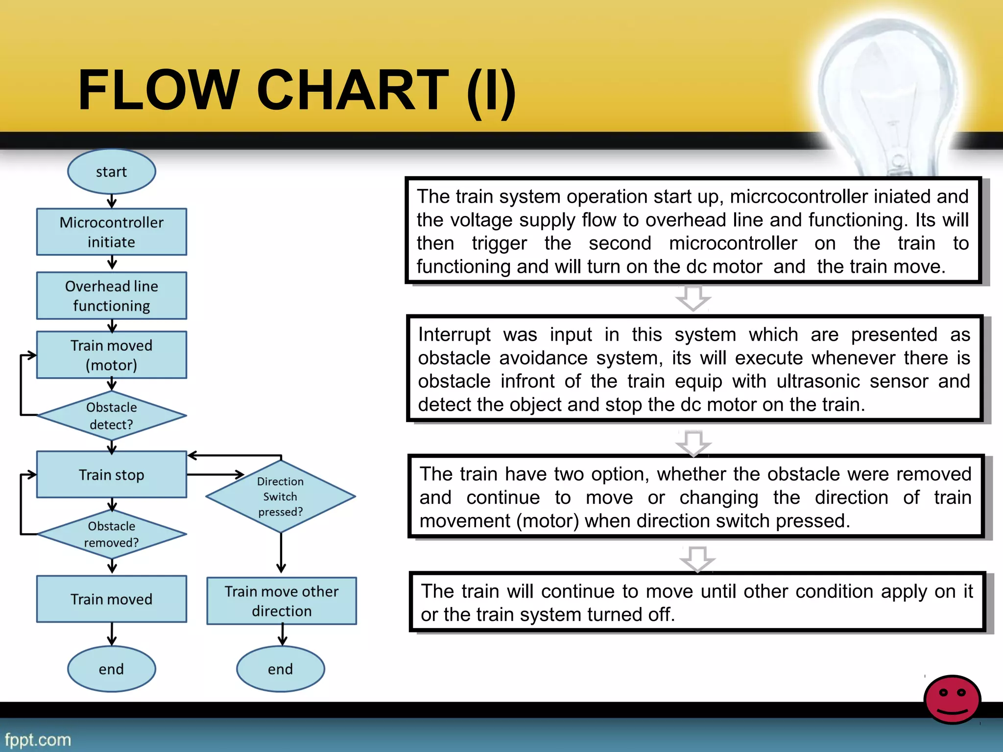 FLOW CHART (I)
The train system operation start up, micrcocontroller iniated and 
the voltage supply flow to overhead line and functioning. Its will 
then  trigger  the  second  microcontroller  on  the  train  to 
functioning and will turn on the dc motor  and  the train move.
The train system operation start up, micrcocontroller iniated and 
the voltage supply flow to overhead line and functioning. Its will 
then  trigger  the  second  microcontroller  on  the  train  to 
functioning and will turn on the dc motor  and  the train move.
Interrupt  was  input  in  this  system  which  are  presented  as 
obstacle avoidance system, its  will execute whenever there is 
obstacle  infront  of  the  train  equip  with  ultrasonic  sensor  and 
detect the object and stop the dc motor on the train.
Interrupt  was  input  in  this  system  which  are  presented  as 
obstacle  avoidance  system,  its  will execute whenever there is 
obstacle  infront  of  the  train  equip  with  ultrasonic  sensor  and 
detect the object and stop the dc motor on the train.
The train have two option, whether the obstacle were removed 
and  continue  to  move  or  changing  the  direction  of  train 
movement (motor) when direction switch pressed.
The train have two option, whether the obstacle were removed 
and  continue  to  move  or  changing  the  direction  of  train 
movement (motor) when direction switch pressed.
The train will continue to move until other condition apply on it 
or the train system turned off.
The train will continue to move until other condition apply on it 
or the train system turned off.
 