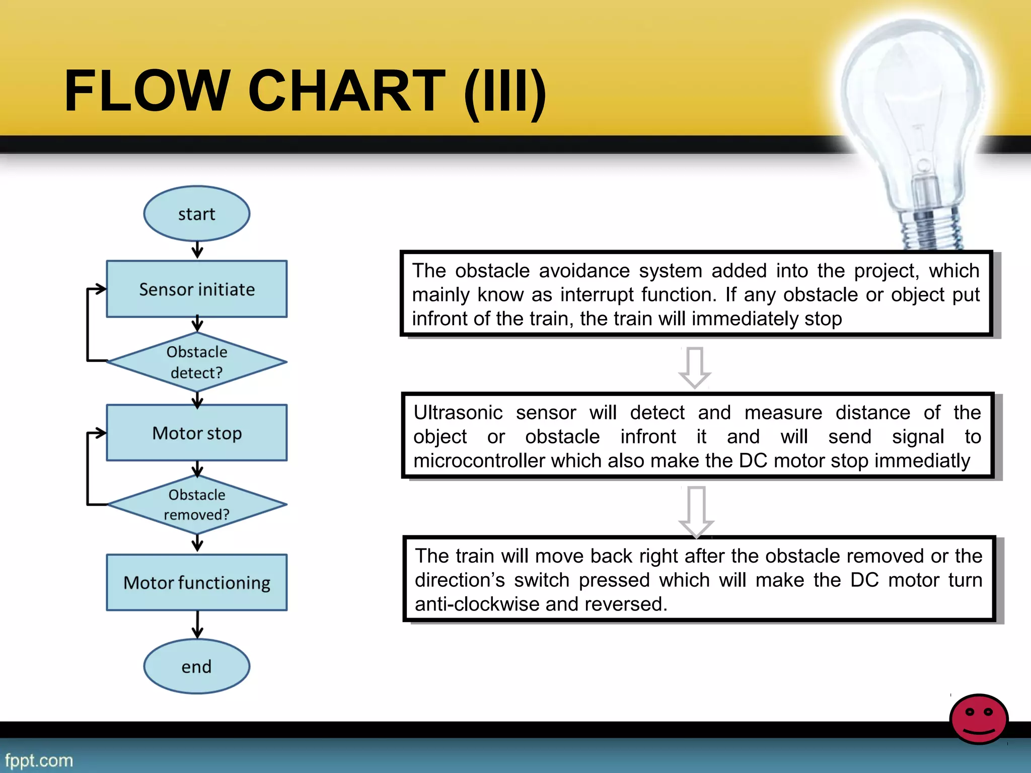 FLOW CHART (III)
The obstacle avoidance system added into the project, which
mainly know as interrupt function. If any obstacle or object put
infront of the train, the train will immediately stop
The obstacle avoidance system added into the project, which
mainly know as interrupt function. If any obstacle or object put
infront of the train, the train will immediately stop
Ultrasonic sensor will detect and measure distance of the
object or obstacle infront it and will send signal to
microcontroller which also make the DC motor stop immediatly
Ultrasonic sensor will detect and measure distance of the
object or obstacle infront it and will send signal to
microcontroller which also make the DC motor stop immediatly
The train will move back right after the obstacle removed or the
direction’s switch pressed which will make the DC motor turn
anti-clockwise and reversed.
The train will move back right after the obstacle removed or the
direction’s switch pressed which will make the DC motor turn
anti-clockwise and reversed.
 