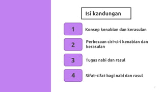 Isi kandungan
2
Konsep kenabian dan kerasulan
Perbezaan ciri-ciri kenabian dan
kerasulan
Tugas nabi dan rasul
Sifat-sifat bagi nabi dan rasul
1
2
4
3
 