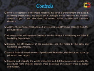  By the co-operation of the Public Relations, Research & Development and Sales &
Marketing Departments, we would do a thorough market research and business
analysis to get a clear idea about the current market situation and consumer
demands.
 Analyze the customer feedbacks and preferences to add/remove products from the
production line.
 Quarterly Sales and Revenue Evaluation by the Finance & Accounting and Sales &
Marketing Departments.
 Evaluate the effectiveness of the promotions and the media by the sales and
Marketing Departments.
 Annual financial analysis on cost of production. Promotion, distribution etc. to set up
prices and sales targets.
 Examine and integrate the whole production and distribution process to make the
procedures more efficient, products more qualitative and employs more dedicated
and duteous.
Controls
 