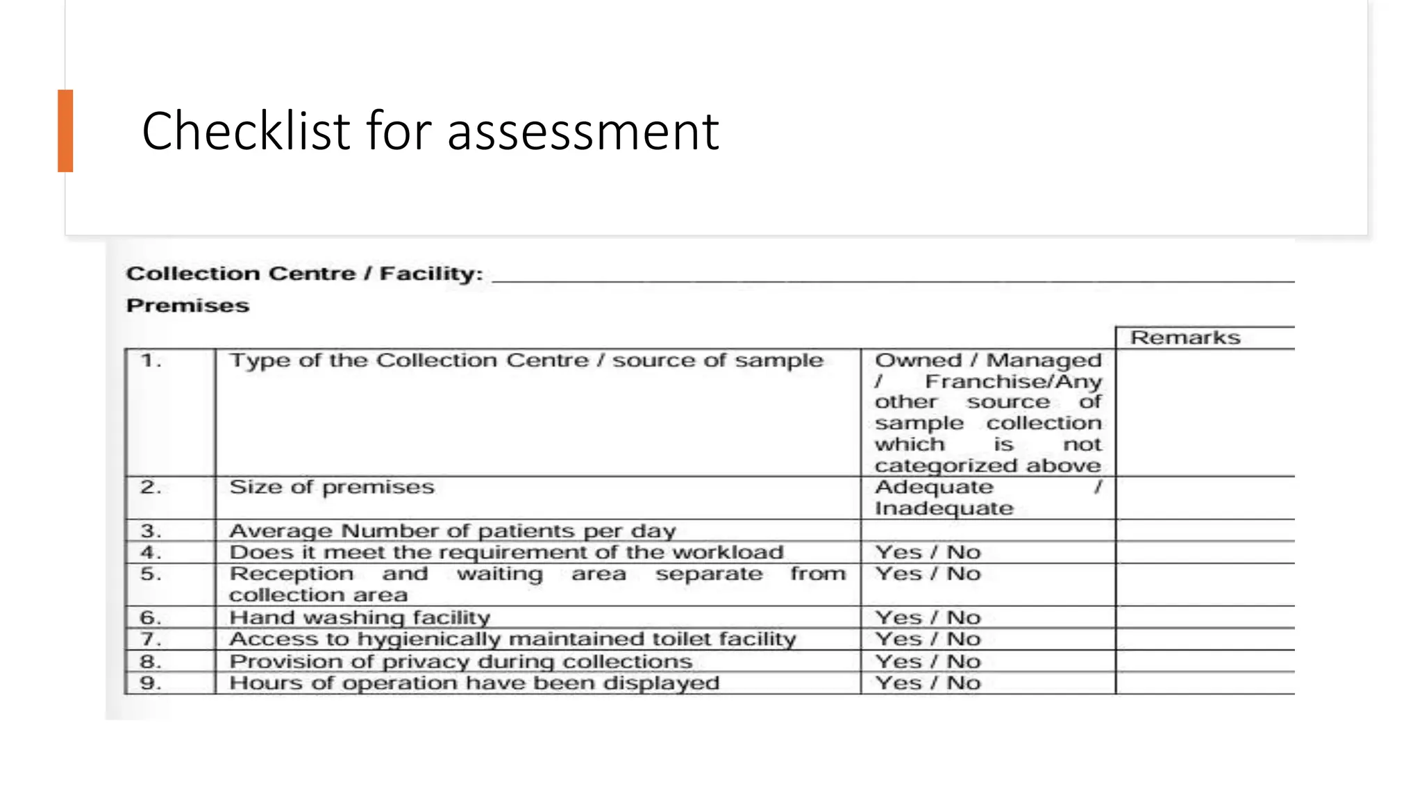Checklist for assessment
 