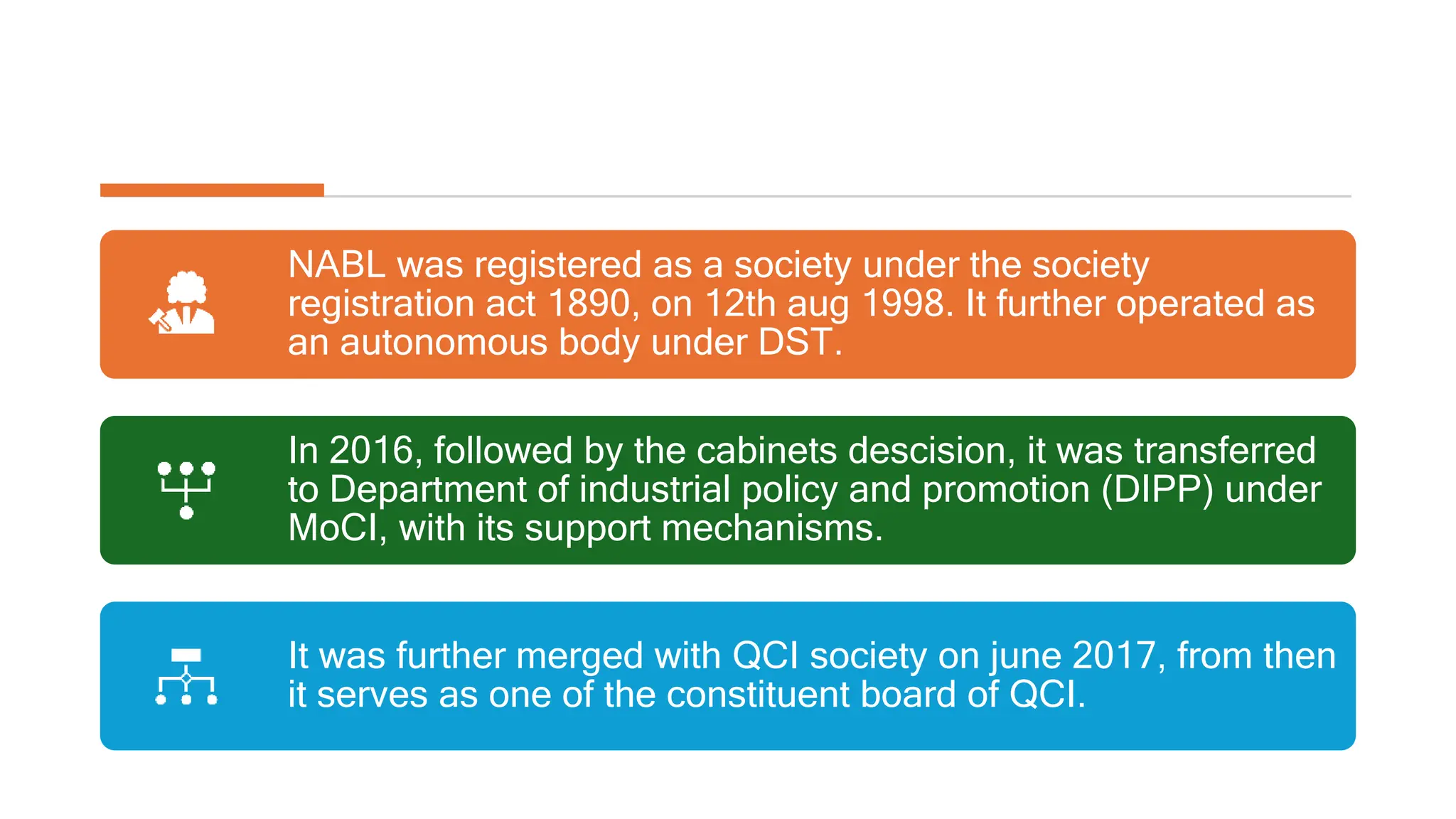 NABL was registered as a society under the society
registration act 1890, on 12th aug 1998. It further operated as
an autonomous body under DST.
In 2016, followed by the cabinets descision, it was transferred
to Department of industrial policy and promotion (DIPP) under
MoCI, with its support mechanisms.
It was further merged with QCI society on june 2017, from then
it serves as one of the constituent board of QCI.
 