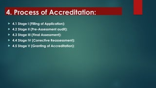 4. Process of Accreditation:
 4.1 Stage I (Filling of Application):
 4.2 Stage II (Pre-Assessment audit):
 4.3 Stage III (Final Assessment):
 4.4 Stage IV (Corrective Reassessment):
 4.5 Stage V (Granting of Accreditation):
 