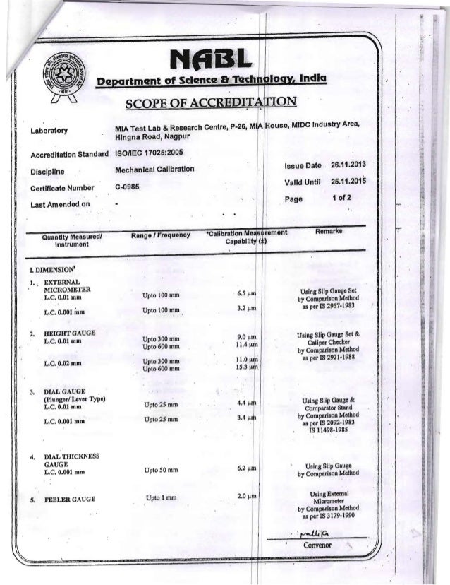 Nabl certificate for calibration