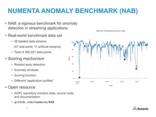 9
NUMENTA ANOMALY BENCHMARK (NAB)
• NAB: a rigorous benchmark for anomaly
detection in streaming applications
• Real-world...