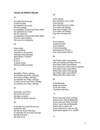 Pontos de PRETO VELHO
01
Um galhinho de arruda
A vovó me deu
Um galhinho de arruda
Pra me proteger
Eu agradeço a essa linda Preta Velha
Um galhinho de arruda
Ela me ofereceu
Eu agradeço a essa linda Preta Velha
Pois em suas orações
Ela nunca me esqueceu
02
Preto Velho
Vem de Minas
Caminhou o ano inteiro
Carregou sete calungas
Para salvar o Terreiro
Ê ê ê ê
Ê ê ê a
A banda é boa
Banda de Minas Gerais
03
Benedito é Preto, calunga
Eu também sou Preto, calunga
Ora viva os Pretos, calunga
Eu também sou Preto, calunga
A minha Terra é de Preto, calunga
Eu também sou Preto, calunga
04
Sou Preto, sou Preto,
Sou Preto só na cor
Na alma, na alma
Sou filho de Nosso Senhor
05
A fumaça do cachimbo da vovó
Sobe bem alto
Só não ver quem não quer
O cachimbo da vovó tem mironga
Na barra da saia
Na sola do pé
06
Vovó cochila
Seu cachimbo cai no chão
Vovó cochila
Seu cachimbo cai no chão
É no sopro da fumaça
Que seus inimigos vão
É no sopro da fumaça
Que seus inimigos vão
07
Vovó Catarina
É dona do reino
Vovó Catarina
É dona de gongá
Ela já está no Terreiro
Ora vamos todos saravá
08
Sou Pedro velho macumbeiro
Que me importa que falem de mim
Sou Pedro velho macumbeiro
Com meu pai e minha mãe eu aprendi
Sou Pedro velho macumbeiro
Minha filha cadê minha gongá
Sou Pedro velho macumbeiro
Minha filha olha cobra coral
09
Ô Zé Miromba
Cadê sua dumba
Tá lá nas matas
Tocando macumba
10
Vovó Luiza que chora mironga
Chora Luiza, mãe de Banguela
Vovó Luiza que chora mironga
Chora Luiza mãe de Banguela
Agora que eu quero ver
Vovó Luiza com a cuia na mão
Apanhando águas no rio Jordão
11
32
 