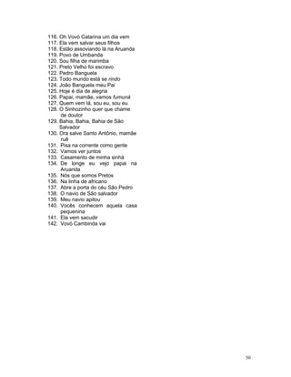 116. Oh Vovó Catarina um dia vem
117. Ela vem salvar seus filhos
118. Estão assoviando lá na Aruanda
119. Povo de Umbanda
120. Sou filha de marimba
121. Preto Velho foi escravo
122. Pedro Banguela
123. Todo mundo está se rindo
124. João Banguela meu Pai
125. Hoje é dia de alegria
126. Papai, mamãe, vamos fumuná
127. Quem vem lá, sou eu, sou eu
128. O Sinhozinho quer que chame
de doutor
129. Bahia, Bahia, Bahia de São
Salvador
130. Ora salve Santo Antônio, mamãe
ruê
131. Pisa na corrente como gente
132. Vamos ver juntos
133. Casamento de minha sinhá
134. De longe eu vejo papai na
Aruanda
135. Nós que somos Pretos
136. Na linha de africano
137. Abre a porta do céu São Pedro
138. O navio de São salvador
139. Meu navio apitou
140. Vocês conhecem aquela casa
pequenina
141. Ela vem sacudir
142. Vovó Cambinda vai
50
 