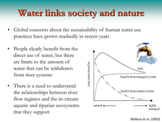 Water links society and nature
• Global concerns about the sustainability of human water use
  practices have grown markedly in recent years

• People clearly benefit from the
  direct use of water, but there
  are limits to the amount of
  water that can be withdrawn
  from river systems

• There is a need to understand
  the relationships between river
  flow regimes and the in-stream
  aquatic and riparian ecosystems
  that they support
                                                        Wallace et al. (2003)
 