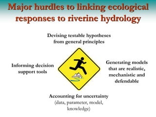 Major hurdles to linking ecological
 responses to riverine hydrology
               Devising testable hypotheses
                 from general principles


                                        Generating models
Informing decision
                                         that are realistic,
   support tools
                                         mechanistic and
                                            defendable

               Accounting for uncertainty
                 (data, parameter, model,
                        knowledge)
 