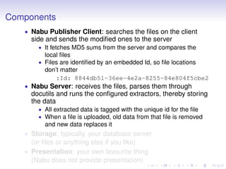 Components
• Nabu Publisher Client: searches the files on the client
side and sends the modified ones to the server
• It f...