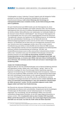 44STELLUNGNAHME | MEERE UND KÜSTEN | STELLUNGNAHME NORD STREAM 2
Vorhabengebiet in einem "schlechten" Zustand. Zugleich steht die biologische Vielfalt
prominent an erster Stelle der qualitativen Deskriptoren für einen guten
Umweltzustand (Anhang I). Jede weitere Belastung oder Zerstörung von
Lebensgemeinschaften muss vermieden werden, um die Zielerreichung der MSRL
nicht zu gefährden.
Der gute Umweltzustand nach MSRL bezieht auch die Nahrungsnetze ein, deren
Bestandteile eine normale Häufigkeit und Vielfalt aufweisen sollen. Eine Störung des
Nahrungsnetzes lässt sich etwa an erhöhten Phytoplanktonkonzentrationen erkennen,
die Zeichen erhöhter Nährstofffrachten sind. Insbesondere im Greifwalder Bodden ist
der Zustand in dieser Hinsicht unbefriedigend
53
. Eine Störung der Nahrungsnetze für
das Vorhabengebiet lässt sich auch an dem unbefriedigenden Zustand des Kriteriums
"Eutrophierung" erkennen, das Ergebnis der HELCOM-Bewertung war. Im Fachbeitrag
fehlt eine nachvollziehbare Abschätzung, wie viel Nährstoffe durch die
Sedimentumlagerung freigesetzt werden und wie sich dies weiter im Nahrungsnetz
übersetzt. Im Zweifelsfall und im Sinne eines am Vorsorgeprinzip orientierten worst-
case- Scenarios muss davon ausgegangen werden, dass es hier zu einer weiteren
Verschlechterung und mithin zu einem Konflikt mit den Zielen der MSRL kommen
kann. Widersprüchlich sind hier auch die tatsächlichen Ergebnisse der Sedimentproben
und deren textliche Zusammenfassung im Fachbeitrag. "Die Nähr- und
Schadstoffkonzentrationen waren in allen untersuchten Grabenabschnitten ähnlich.",
heißt es dort. Tatsächlich treten zum Teil erhebliche Schwankungen zwischen den
einzelnen Stationen auf und es fehlt eine Betrachtung, inwiefern in einzelnen
Gewässerbereichen wie dem Greifswalder Bodden Auswirkungen durch Nähr- und
Schadstoffreitsetzung zu erwarten sind. Effekte sind unter diesen Gesichtspunkten
neu zu bewerten. Wir verweisen an dieser Stelle auch auf unsere Anmerkungen zum
Fachbeitrag WRRL.
Analyse der Vorhabenwirkungen
Insgesamt fällt auf, dass die Vorhabenswirkungen auch in diesem Fachbeitrag relativiert
und bagatellisiert werden. Effekte seien "nicht relevant", "gering", "lokal" etc. Die
fachlichen Grundlagen für diese Einschätzungen bleiben regelmässig ungenannt.
Insgesamt ist die Bewertung der Vorhabenswirkungen damit intransparent. Zudem ist
wie auch zum Fachbeitrag WRRL anzumerken, dass die vorgenommenen Bewertungen
hier nicht nachvollzogen werden können, da der zugrunde liegende Kriterienkatalog
nur in der UVS dargestellt ist, hier aber fehlt. Das Hin- und Herblättern zwischen
verschiedenen Unterlagen beschränkt die Lesbarkeit deutlich. Ferner wird betont, der
in der UVS entwickelte Kriterienkatalog sei "unter den spezifischen Anforderungen
der MSRL interpretiert" worden. Wie dies tatsächlich umgesetzt wurde, bleibt
dagegen unklar und bedarf einer Konkretisierung.
Die Übersicht der relevanten Wirkfaktoren und deren Bewertung (Tab 2-4) sind
unvollständig und teilweise nicht nachvollziehbar. Beispielsweise sind die baubedingten
Veränderungen des Meeresbodens und der Sedimentparameter als "kurzfristig"
eingeordnet. Das vernachlässigt, dass die baubedingten Effekte auch nach dem
unmittelbaren Baugeschehen fortwirken, da mit sehr langen Regenerationszeiten zu
rechnen ist (HzE, 1999). Grundsätzlich sind von dem Vorhaben NSP2 dauerhafte
Effekte auf die Meeresumwelt zu erwarten. Die extrem langen Regenerationszeiten
sind dafür nur ein Grund. Aus Sicht des NABU stellen die Rohre dauerhaft
53 LUNG (2015): Aktualisierung des Bewirtschaftungsplans nach § 83 WHG bzw. Artikel 13 der Richtlinie 2000/60/EG für die
Flussgebietseinheit Warnow/Peene für den Zeitraum von 2016 bis 2021; http://www.wrrl-mv.de/index_bekanntmachungen.htm
 