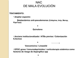 NAC
DE MALA EVOLUCIÓN
TRATAMIENTO:
• Ampliar espectro
Betalactámico anti-pseudomonas (Cefepime, Imip, Merop,
PipeTazo)

+
Quinolona
• Anciano institucionalizado / ATBs previos / Colonización
S.Aureus
+
Vancomicina / Linezolid
• EPOC grave / Inmunodeprimidos / corticoterapia sistémica como
factores de riesgo de Aspergillus spp
+

 