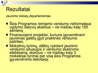 Rezultatai  Jaunimo reikalų departamentas   Šios Programos remiamo verslumo neformalaus ugdymo dalyvių skaičius – ne mažiau kaip 150 asmenų  Finansuojami projektai, kuriuos įgyvendinant jaunimas galėtų įgyti praktinės verslumo patirties. Mokslinių tyrimų, atliktų vykdant jaunimo verslumo situacijos ir verslumo skatinimo stebėseną, skaičius – ne mažiau kaip 3 moksliniai tyrimai per visą šios Programos įgyvendinimo laikotarpį  