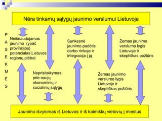 Nėra tinkamų sąlygų jaunimo verslumui Lietuvoje Neišnaudojamas jaunimo  (ypač provincijos) potencialas Lietuvos regionų plėtrai Neprisitaikymas prie naujų ekonominių ir socialinių sąlygų Sunkesnė jaunimo padėtis darbo rinkoje ir integracija į ją  Žemas jaunimo verslumo lygis Lietuvoje ir skeptiškas požiūris Žemas jaunimo verslumo lygis Lietuvoje ir skeptiškas požiūris Jaunimo išvykimas iš Lietuvos ir iš kaimiškų vietovių į miestus P A S E K M Ė S 