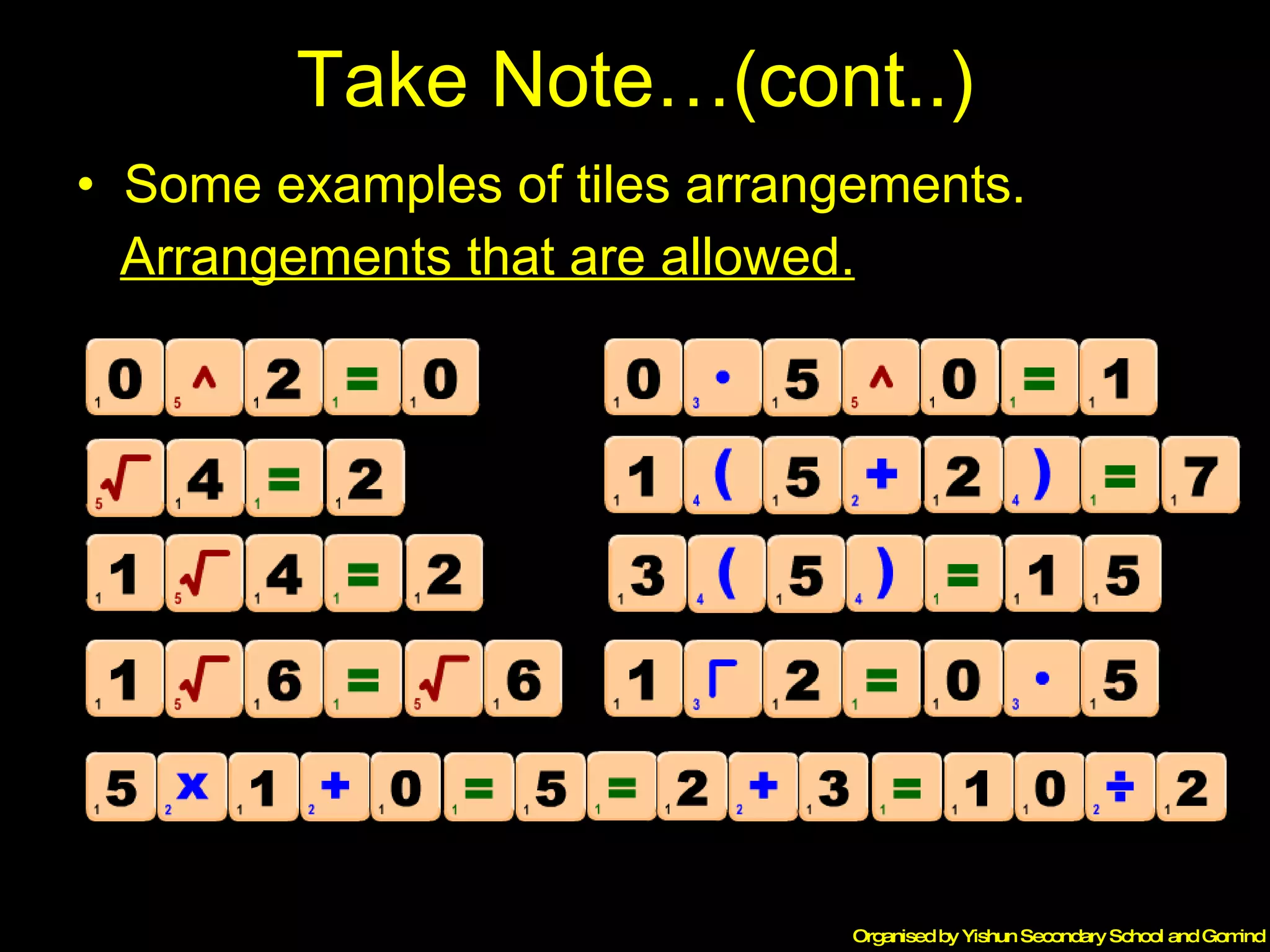 Take Note…(cont..) Some examples of tiles arrangements. Arrangements that are allowed. 