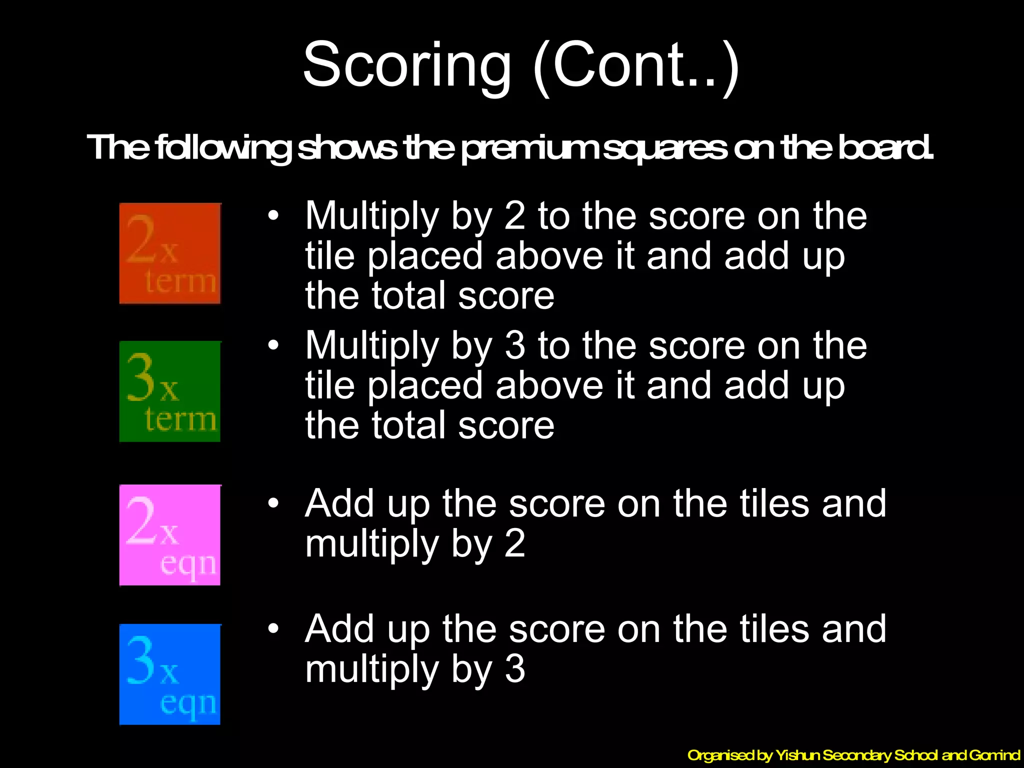 Scoring (Cont..) Multiply by 2 to the score on the tile placed above it and add up the total score Multiply by 3 to the score on the tile placed above it and add up the total score Add up the score on the tiles and multiply by 2 Add up the score on the tiles and multiply by 3 The following shows the premium squares on the board. 