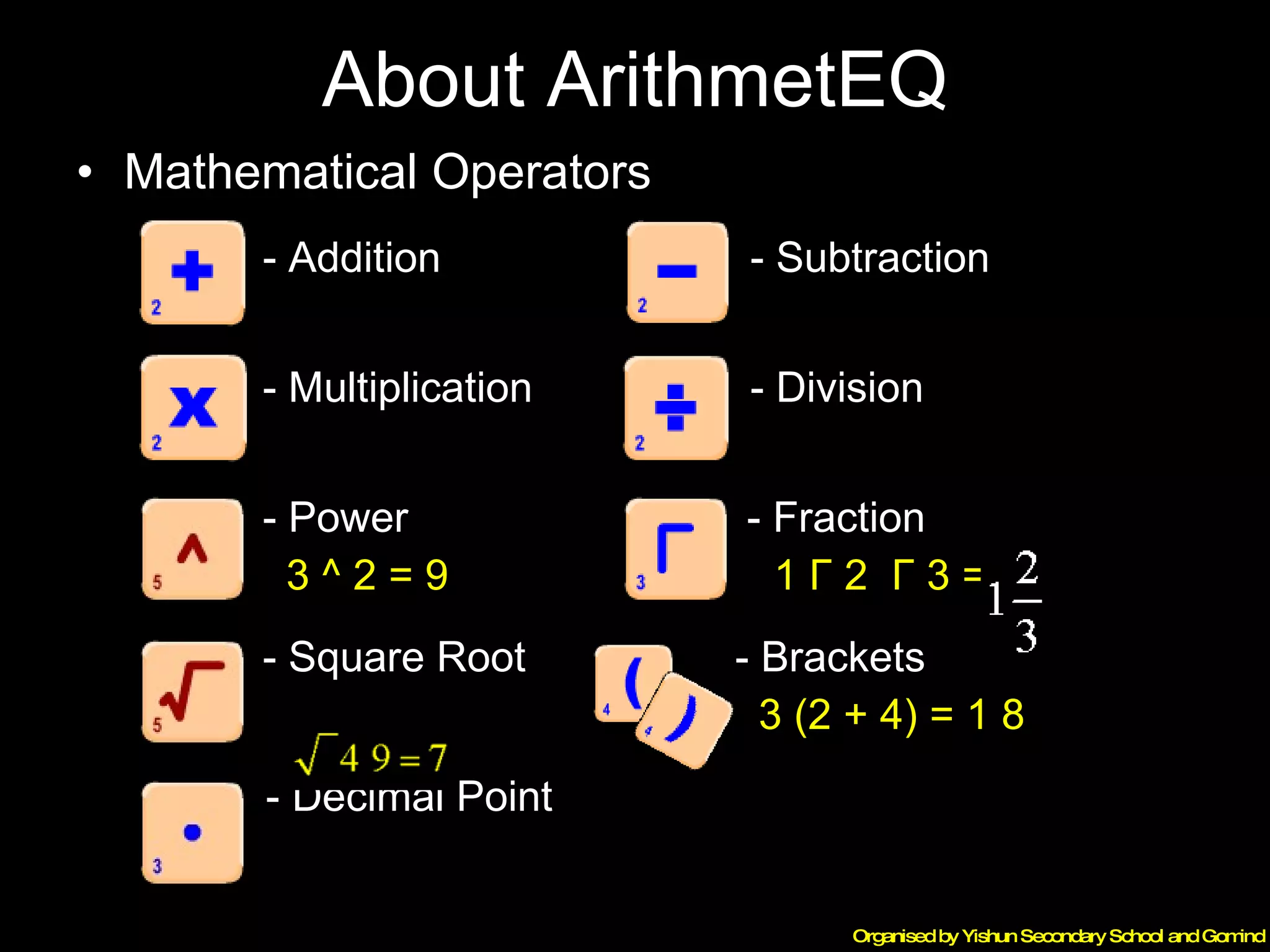 About ArithmetEQ Mathematical Operators   - Addition   - Subtraction   - Multiplication   - Division   - Power       - Fraction   3 ^ 2 = 9   1  Γ  2  Γ  3 =   - Square Root   - Brackets   3 (2 + 4) = 1 8 - Decimal Point 