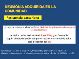 Las tasas de resistencia a los macrólidos 15 al 39% de resistencia en Europa y en
los Estados Unidos
América Latina está entre el 2 y el 15%, y en Colombia
-según el reporte publicado por el Instituto Nacional de Salud-
está alrededor del 5%
Recomendaciones para el diagnóstico, tratamiento y prevención de la neumonía
adquirida en la comunidad en adultos inmunocompetentes Infectio. 2013;17(Supl 1): 1-37
Resistencia bacteriana
 