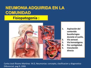 Fisiopatogenia :
1. Aspiración del
contenido
bucofaringeo
durante el sueño.
2. Vía aerosol.
3. Vía hematógena.
4. Por contigüidad.
5. Inoculación
directa
Carlos José Álvarez Martínez M.D, Neumonias: concepto, clasificacion y diagnostico
Diferencial; pag 9; 2006
 