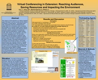 Virtual Conferencing in Extension: Reaching Audiences, Saving Resources and Impacting the Environment  Hurt, T.* 1 , Abreu, M.E. 2 , Martinez-Espinosa, A. 3 , Mickler, K. 4 1  Training Coordinator, Center for Urban Agriculture, University of Georgia, 1109 Experiment St. Griffin, GA  30223,  2  Agricultural and Natural Resources Agent, University of Georgia Cooperative Extension, Gwinnett Co. Lawrenceville, GA 30045, 3  Assistant Professor, Department of Plant Pathology, University of Georgia, 1109 Experiment St. Griffin, GA  30223,  4  Agricultural and Natural Resources Agent, University of Georgia Cooperative Extension, Floyd Co., Rome, GA  30161  Abstract T he mission of UGA Extension is to deliver research based information to all the counties and the citizens of Georgia in a timely fashion.  Automobile travel costs, employees productive professional time, budget debits and unnecessary carbon emissions has prompted us to develop creative ways to deliver information. Horizon Wimba (web classroom) allows interaction between presenters and audiences through real-time presentations, multiple location access, slide viewing, live conversation, and voice and written messaging board. We have taken advantage of this technology to implement multi-location, real-time educational programs to deliver science-based information to statewide audiences in the State of Georgia. 349 people participated the 4 workshops lunch and learn series in 18 counties representing all four Extension Districts in Georgia. Using a conservative estimate of only one vehicle travel from each location roundtrip to training venue for each of the four workshops yields the following approximate savings: $6000 in mileage reimbursement, 200 hours of UGA Employee time, and 3,400 less pounds of carbon emitted to the environment (US DOE 5.5 lbs. of carbon produced per gallon of gas burned). Participating Agents   Situation:   The State of Georgia has a territory of  153,951 km²  and a population of  9,072,576 . There are 157 counties in the State of Georgia yet over half of the state’s population is concentrated in the Metro-Atlanta area.  Travel through Atlanta due to congestion and travel from outlying counties to UGA are both impediments to program delivery.  Internet bandwidth to the County Offices has improved in the recent years.  The Center for Urban Agriculture Turf/Landscape Issue Team chose to pilot an internet delivered horticultural lunch and learn series to take advantage of both the subject matter experts and the power of the county delivery system. Materials & Methods Educational Programs Four (1) hour horticultural workshops utilizing Horizon Wimba software on UGA Servers broadcast to selected counties around Georgia (45 minutes of presentation and 15 minutes of interactive questions and multi-location interfacing) Presenter Requirements Power Point Presentation, University hosting server,.  User Accounts for each offsite location.  Presenter controlled delivery of the presentation and provided live narration using a computer headset. County Requirements Laptop, speakers,projector, broadband internet and a headset..  ,[object Object],[object Object],[object Object],[object Object],[object Object],[object Object],[object Object],[object Object],[object Object],[object Object],[object Object],[object Object],[object Object],[object Object],[object Object],[object Object],[object Object],[object Object],University of Georgia College of Agriculture & Environmental Sciences Center for Urban Agriculture Branded Flyer Workshop Locations Presenter’s View Northeast Walton William Carlan Northwest Walker Norman Edwards Northeast Pickens Rick Jasperse Northwest Muscogee Jennifer Davidson Southwest Houston Willie Chance Northwest Harris Steve Morgan Northwest Gwinnett Maria Eugenia Abreu Northwest Fulton James Reaves &  Louise Estabrook Northwest Floyd Keith Mickler Northwest Fayette Sonja Brannon Southwest Dougherty James Morgan Northwest Cobb Carolyn Gentry Northeast Clarke Amanda Tedrow Northwest Clayton Winston Eason Northwest Cherokee Paul Pugliese Southeast Chatham David Linvill Northwest Catoosa Charles Lancaster Northwest Bibb Karol Kelly District County Extension Agent  