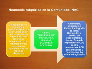 Neumonía Adquirida en la Comunidad: NAC
Infección de los
pulmones
provocada por una
gran variedad de
microorganismos
adquiridos fuera
del ámbito
hospitalario, con
inflamación del
parénquima
pulmonar y de los
espacios
alveolares
FIEBRE,
TAQUIPNEA,TOS
PRODUCTIVA,
MIALGIAS,
DIAFORESIS
NOCTURNA.
Anamnesis,
Exploración
Física: Radiografía
de tórax;
Hemocultivo,
cultivo de
expectoración,
tinción Gram de
expectoración, Ag
contra
neumococo, PCR
para influenza y
neumococo, Ag
urinario Legionella
 