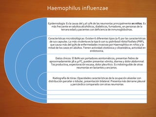 Haemophilus influenzae
Epidemiología: Es la causa del 3 al 12% de las neumonías principalmente en niños. Es
más frecuente en adultos alcohólicos, diabéticos, fumadores, en personas de la
tercera edad y pacientes con deficiencia de inmunoglobulinas.
Características microbiológicas: Existen 6 diferentes tipos (a-f) por las características
de sus capsulas. La más virulenta es la tipo b con su poliribosil ribitol fosfato (PRP),
que causa más del 95% de enfermedades invasivas por Haemophilus en niños y la
mitad de los casos en adultos.Tienen actividad citotóxica y cilioestática, actividad en
endotoxina.
Datos clnicos: El 80% son portadores asintomáticos, presentan fiebre de
aproximadamente 38 a 40°C, pueden presentar vómito, diarrea y dolor abdominal.
Tos productiva, expectoración escasa, dolor pleurítico. Es indistinguible de otras
neumonías en lactantes y ancianos.
Radiografía de tórax:Opacidades características de la ocupación alveolar con
distribución parcelar o lobular, presentación bilateral. Presenta más derrame pleural
y pericárdico comparado con otras neumonías
 
