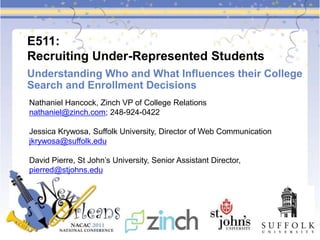 E511: Recruiting Under-Represented Students Understanding Who and What Influences their College Search and Enrollment Decisions Nathaniel Hancock, Zinch VP of College Relations nathaniel@zinch.com; 248-924-0422 Jessica Krywosa, Suffolk University, Director of Web Communication jkrywosa@suffolk.edu David Pierre, St John’s University, Senior Assistant Director, pierred@stjohns.edu 