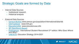 #NACAC17
Strategic Goals are formed by Data
• Internal Data Sources
– Institutional research
– Historical analysis
• External Data Sources
– Census Bureau www.census.gov/population/international/data/idb
– CIA Factbook: www.CIA.gov
– EducationUSA: www.educationusa.info
– IIE OpenDoors Report
– Publications: International Student Recruitment 2nd edition; Who Goes Where
and Why?
– UNESCO: Education Strategy 2014-2021
 