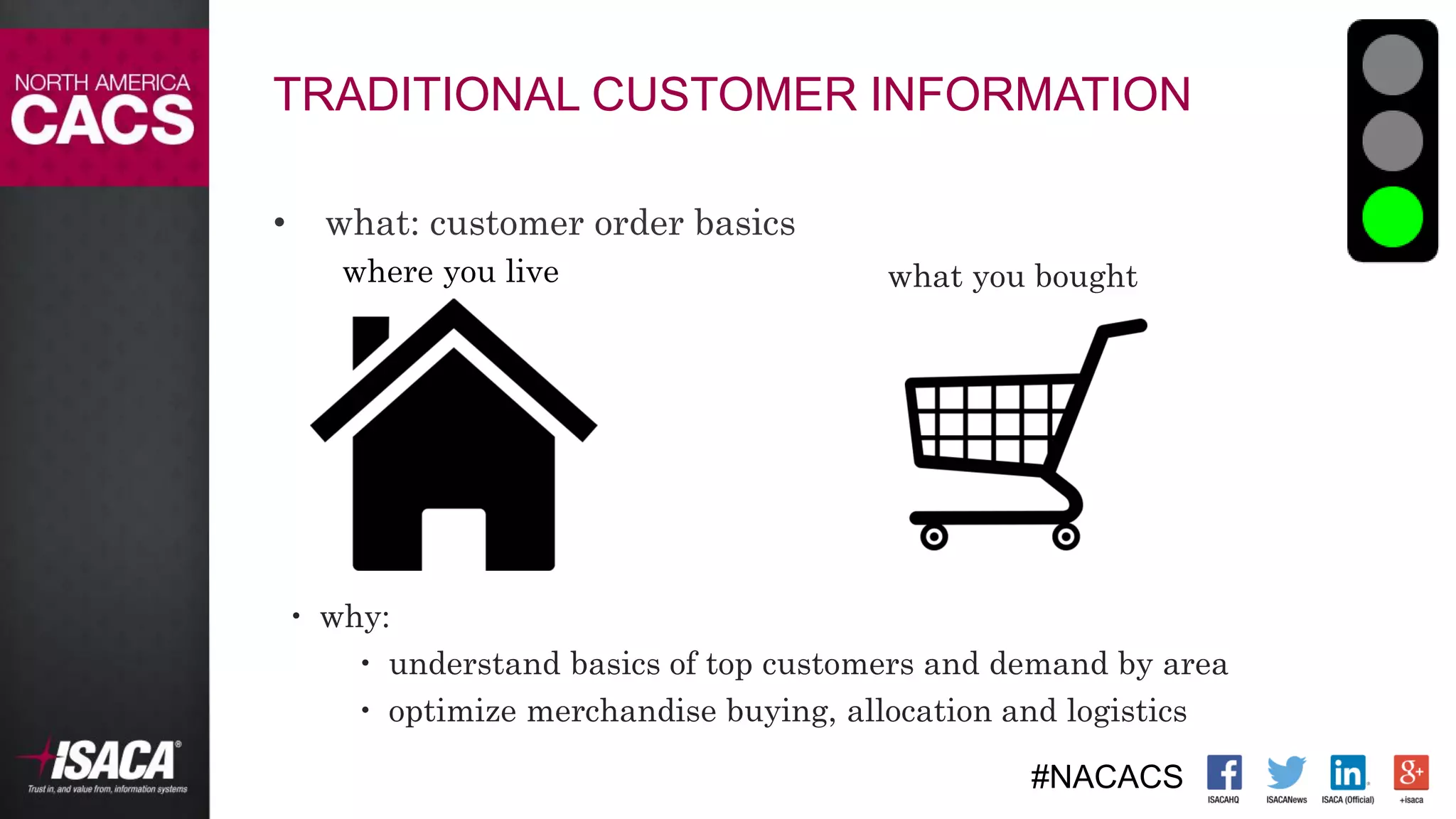 #NACACS
TRADITIONAL CUSTOMER INFORMATION
• what: customer order basics
where you live
 why:
 understand basics of top customers and demand by area
 optimize merchandise buying, allocation and logistics
what you bought
 