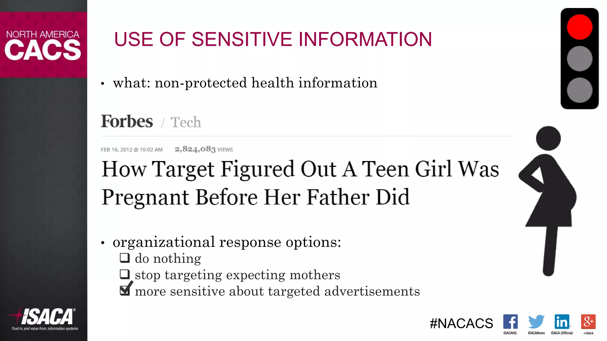 #NACACS
USE OF SENSITIVE INFORMATION
• what: non-protected health information
• organizational response options:
 do nothing
 stop targeting expecting mothers
 more sensitive about targeted advertisements
 