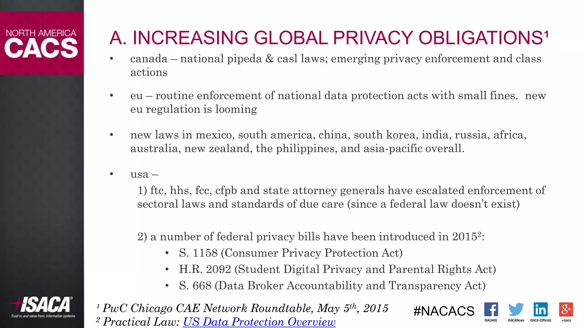 #NACACS
A. INCREASING GLOBAL PRIVACY OBLIGATIONS¹
• canada – national pipeda & casl laws; emerging privacy enforcement and class
actions
• eu – routine enforcement of national data protection acts with small fines. new
eu regulation is looming
• new laws in mexico, south america, china, south korea, india, russia, africa,
australia, new zealand, the philippines, and asia-pacific overall.
• usa –
1) ftc, hhs, fcc, cfpb and state attorney generals have escalated enforcement of
sectoral laws and standards of due care (since a federal law doesn’t exist)
2) a number of federal privacy bills have been introduced in 20152:
• S. 1158 (Consumer Privacy Protection Act)
• H.R. 2092 (Student Digital Privacy and Parental Rights Act)
• S. 668 (Data Broker Accountability and Transparency Act)
¹ PwC Chicago CAE Network Roundtable, May 5th, 2015
2 Practical Law: US Data Protection Overview
 