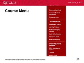 NACADA 3-2013



Course Menu




Helping Students on Academic Probation to Persist and Succeed           28
 
