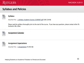 NACADA 3-2013




Helping Students on Academic Probation to Persist and Succeed           30
 