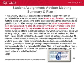 NACADA 3-2013


           Student Assignment: Advisor Meeting
                    Summary & Plan 1
“I met with my advisor…I explained to her that the reason why I am on
probation is because last semester I was under a lot of stress. I was working
full time along with volunteering at the local hospital and then also trying to do
good in school…After having this meeting with her all of my questions are
now answered and I'm glad she made everything very clear to me and
now i can go on and fix my mistakes i have made last semester….The
reason I was not able to excel was because my work hours were not going well
with my college course hours…I would either not make it to class and if i did
then i wasnt able to concentrate because i would be so tired. Also i do live 45
minutes away from the university so the commuting was difficult as well…i am
working less…now i made my work schedule and college schedule much
easier. I gave myself time to get enough sleep and be able to wake up in the
mornings and make it to my early 8:30 class. Also I only work part time now…
Hopefully things will be different this semester and with this change i can do
much better and get off probation.”
- K.K.
                                                                            34
Helping Students on Academic Probation to Persist and Succeed
 