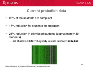 NACADA 3-2013



                             Current probation data
• 98% of the students are compliant

• 13% reduction for students on probation

• 21% reduction in dismissed students (approximately 30
  students)
      – 30 students x $12,755 (yearly in state tuition) = $382,650




                                                                     38
Helping Students on Academic Probation to Persist and Succeed
 