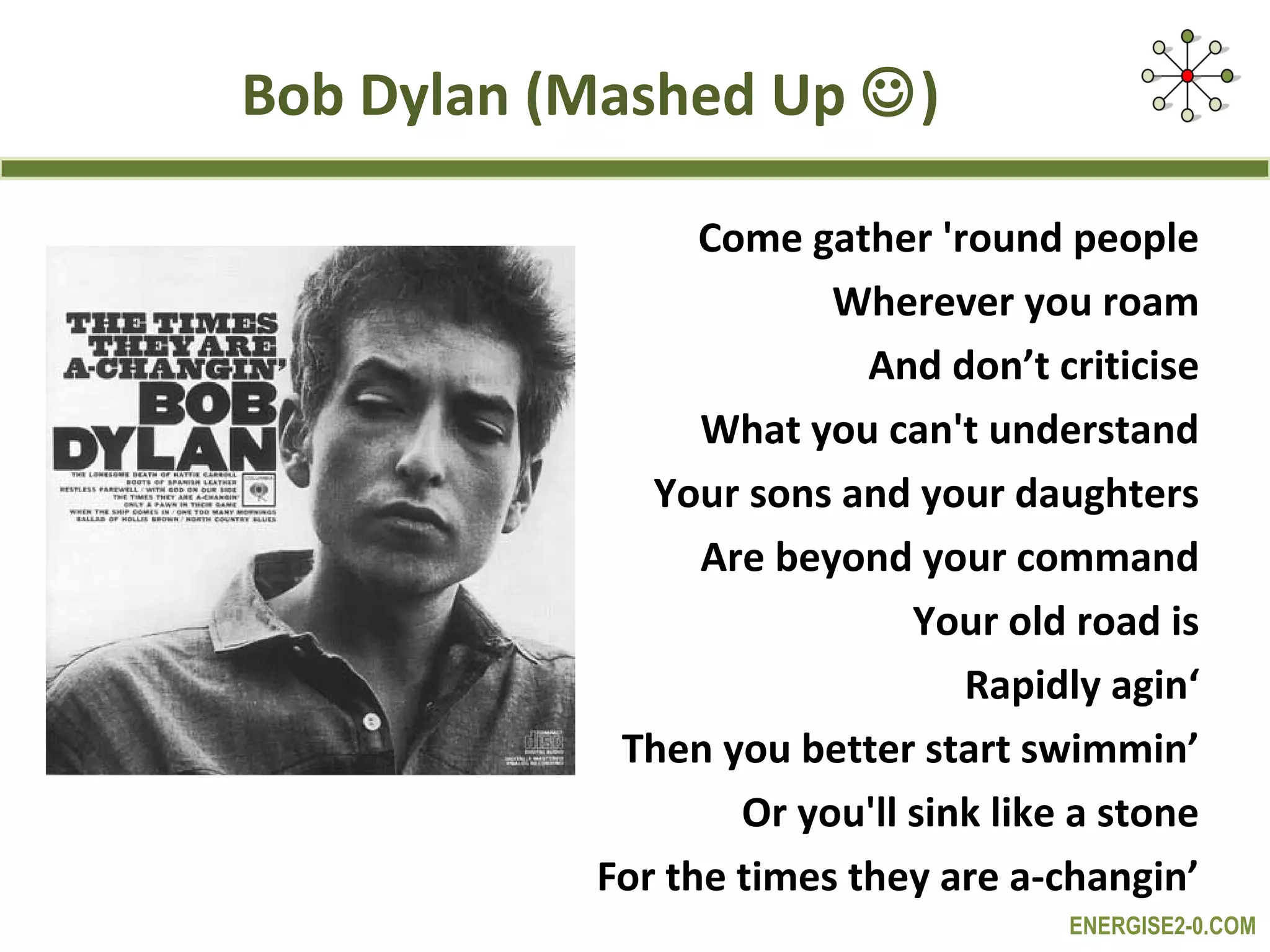 Bob Dylan (Mashed Up )

                 Come gather 'round people
                        Wherever you roam
                          And don’t criticise
                 What you can't understand
              Your sons and your daughters
                 Are beyond your command
                             Your old road is
                                Rapidly agin‘
            Then you better start swimmin’
                   Or you'll sink like a stone
           For the times they are a-changin’
                                      ENERGISE2-0.COM
 