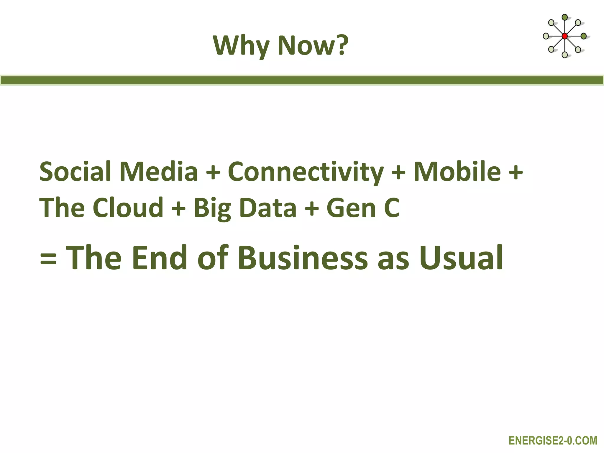 Why Now?



Social Media + Connectivity + Mobile +
The Cloud + Big Data + Gen C
= The End of Business as Usual



                                    ENERGISE2-0.COM
 