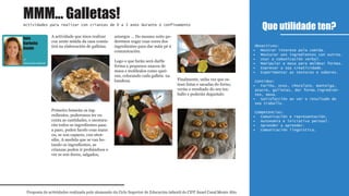 Que utilidade ten?
Proposta de actividades realizada polo alumnado do Ciclo Superior de Educación infantil do CIFP Ánxel Casal Monte Alto
Actividades para realizar con crianzas de 0 a 3 anos durante o confinamento
1º
Educación infantil
A actividade que imos realizar
coa xente miúda da casa consis-
tirá na elaboración de galletas.
Primeiro botarán os ing-
redientes, poderemos ter en
conta as cantidades, e mestura-
rán todos os ingredientes paso
a paso, poden facelo coas mans
ou, se son capaces, cun uten-
silio. A medida que se van bo-
tando os ingredientes, as
crianzas poden ir probándoos e
ver se son doces, salgados,
amargos ... Do mesmo xeito po-
deremos xogar coas cores dos
ingredientes para dar máis pé á
comunicación.
Logo o que farán será darlle
forma a pequenos anacos de
masa e moldealos como quei-
ran, colocando cada galleta na
bandexa. Finalmente, unha vez que es-
tean listas e sacadas do forno,
verán o resultado do seu tra-
ballo e poderán degustalo.
Obxectivos:
Mostrar interese pola comida.•
Mesturar uns ingredientes con outros.•
Usar a comunicación verbal.•
Manipular a masa para moldear formas.•
Expresar a súa creatividade.•
Experimentar as texturas e sabores.•
Contidos:
Fariña, ovos, chocolate, manteiga,•
azucre, galletas, dar forma.ingredien-
tes, masa.
Satisfacción ao ver o resultado do•
seu traballo.
Competencias:
Comunicación e representación.•
Autonomía e iniciativa persoal.•
Aprender a aprender.•
Comunicación lingüística.•
MMM... Galletas!
Inés
Barbeito
Gende
1º
Educación infantil
 